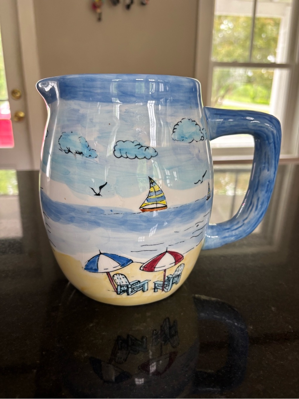 Hand-Painted Beach Scene Ceramic Pitcher - Blue